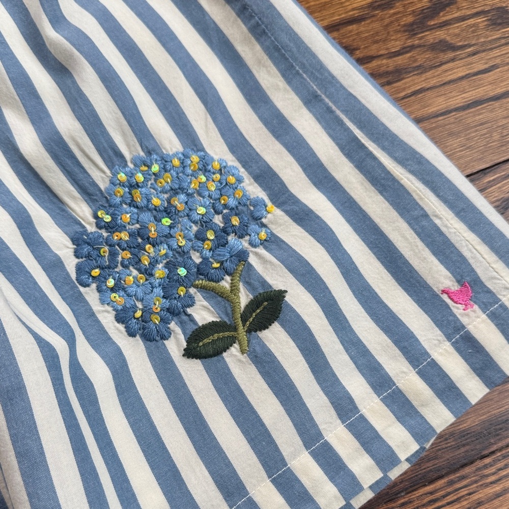 Pink Chicken Striped Blue & White Flutter-Sleeve Kids Dress w/ Floral Appliqué - Picture 4 of 7